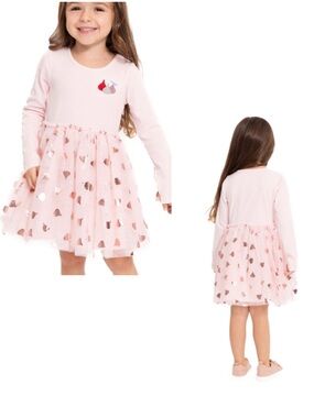 Hersheys Kisses Girls' Pink Ribbed Top Tulle Heart Lined Dress Long Sleeve 4T